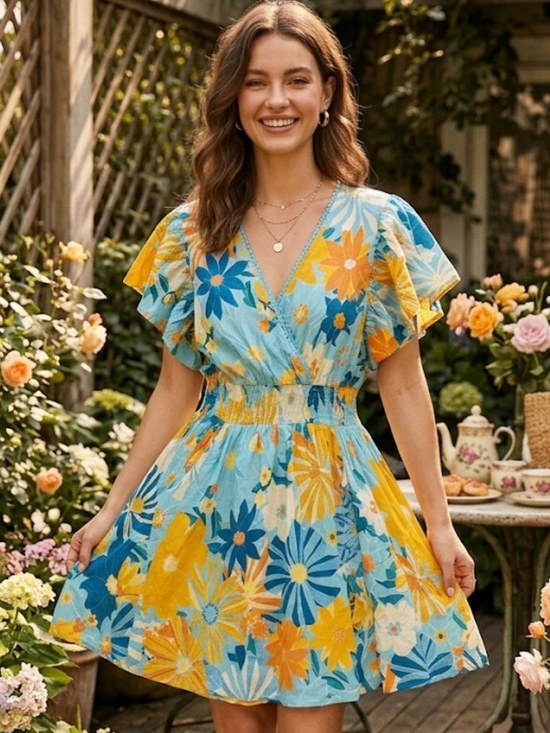 Angie Dresses & Skirts - Angie Blue & Yellow Floral V-Neck Smocked Mini Dress Anthropologie Medium boho